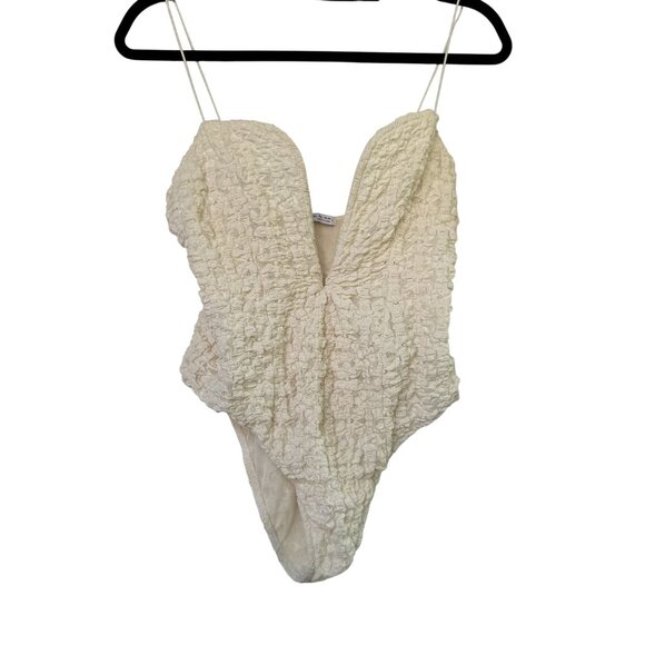 Zara Women's White Textured Corset V-Neck Wired Spaghetti Strap Bodysuit Size L - Picture 1 of 9